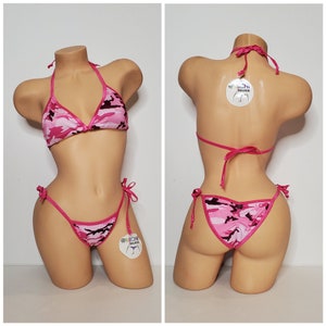 Pink Camouflage with Your Choice Trim Color Full Coverage Top Scrunch Butt 2 Piece Micro String Bikini Set One Size
