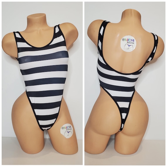 Black and White Horizontal Stripes With Black Trim 1 Piece Bodysuit Size  SMALL 