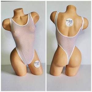 White Mesh with Tiny Black Polka Dots with White Trim ***VERY SHEER*** 1 Piece Bodysuit Size SMALL