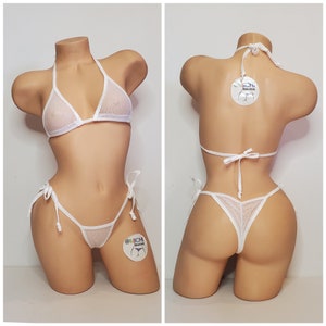 White Small Hole Fishnet *Very Sheer*with Your Choice Trim Color Medium Coverage Top Scrunch Butt String Bikini 2 Piece Set One Size