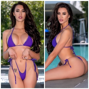 Electric Purple with Purple Trim Medium Coverage Top Scrunch Butt Bottom 2 Piece Micro String Bikini Set One Size