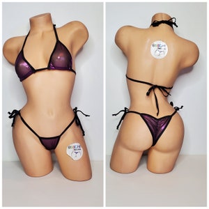 Black w/ Purple Shimmer Mesh *Semi Sheer* with Black Trim Medium Coverage Top Scrunch Butt String Bikini Set One Size