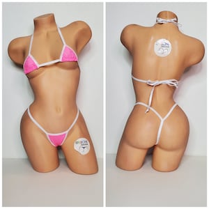 Carnation Pink with White Trim Micro Coverage Top Y Back Thong 2 Piece Bikini Set