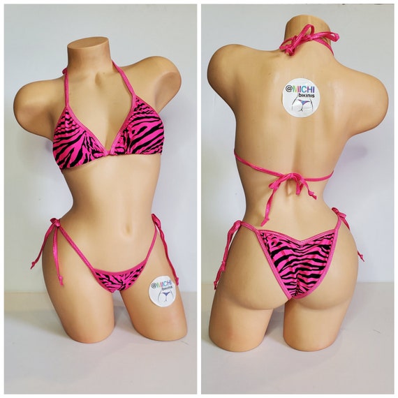 Hot Pink W/ Black Zebra Stripes Print Full Coverage Top Full Coverage  Scrunch Butt Bottom Micro String Bikini Set One Size -  Canada