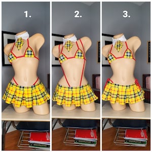 Yellow Plaid w/ Your Choice Trim Color Micro Mini Skirt Costume Micro Coverage Top Pleated Skirt 5 Piece Set