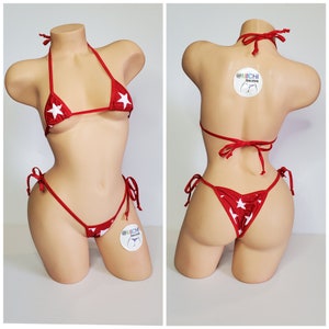 Red with White Stars with Red Trim Micro Coverage Top Scrunch Butt 2 Piece String Bikini Set One Size