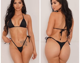 Black with Black Trim Medium Coverage Top Scrunch Butt Bottom 2 Piece Micro String Bikini Set One Size