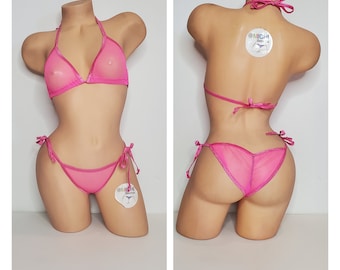 Hot Pink Medium Hole Fishnet *Very Sheer*with Your Choice Trim Color Full Coverage Top Scrunch Butt String Bikini 2 Piece Set One Size