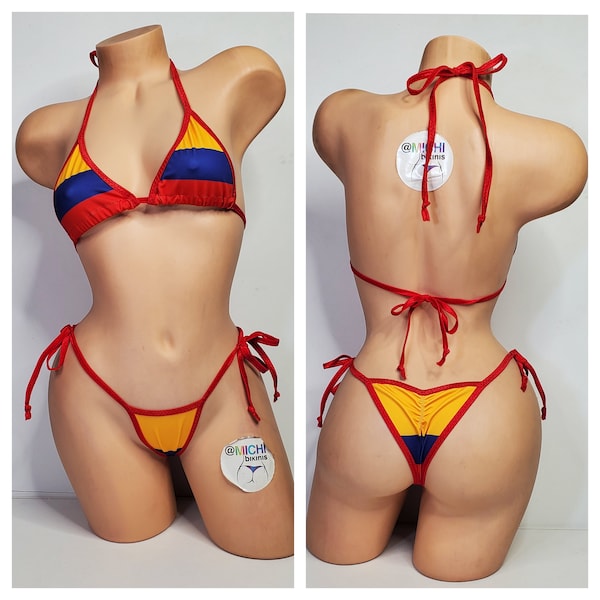 Colombian flag w Red Trim Medium Coverage Top Scrunch Butt Bottoms 2 Piece Micro String Bikini Set One Size