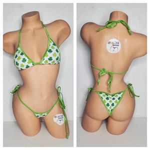 White with Green Shamrock Pattern w Lime Green Trim Medium Coverage Top Scrunch Butt Bottoms 2 Piece Micro String Bikini Set One Size