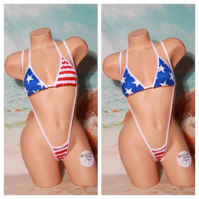 Stars and Stripes with White Trim Medium Coverage Top Y Back Thong Slingshot Bottom 2 Piece Micro Bikini Set 