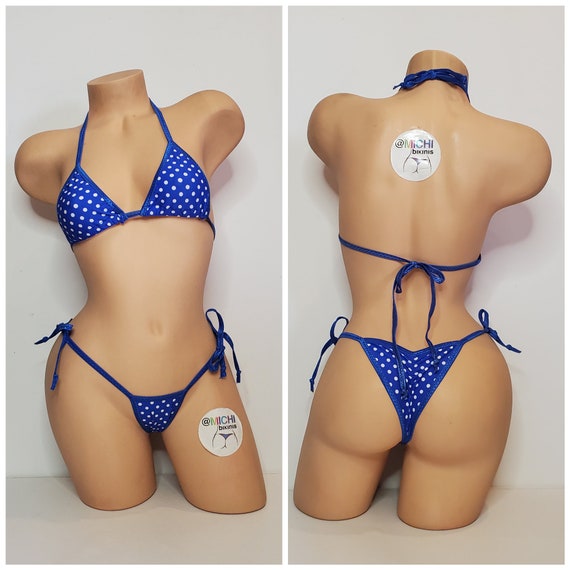 Blue With Small White Polka Dots With Blue Trim Medium Coverage Top Scrunch Butt String Bikini Set One Size Etsy Canada