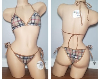 Tan Plaid w/ Tan Trim Full Coverage Top Scrunch Butt Bottoms 2 Piece Micro String Bikini Set One Size