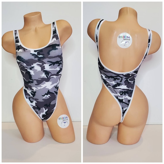 Black, Grey and White Camouflage With White Trim 1 Piece Bodysuit