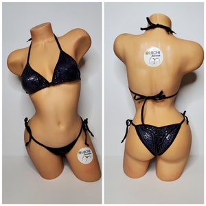 Motif de peau de serpent noir avec garniture noire couverture complète Top couverture complète Scrunch Butt 2 pièces Micro String Bikini Set Taille unique