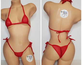 Red Mesh *Semi Sheer* with Red Trim Micro Coverage Top Scrunch Butt String Bikini Set *Semi Sheer* One Size