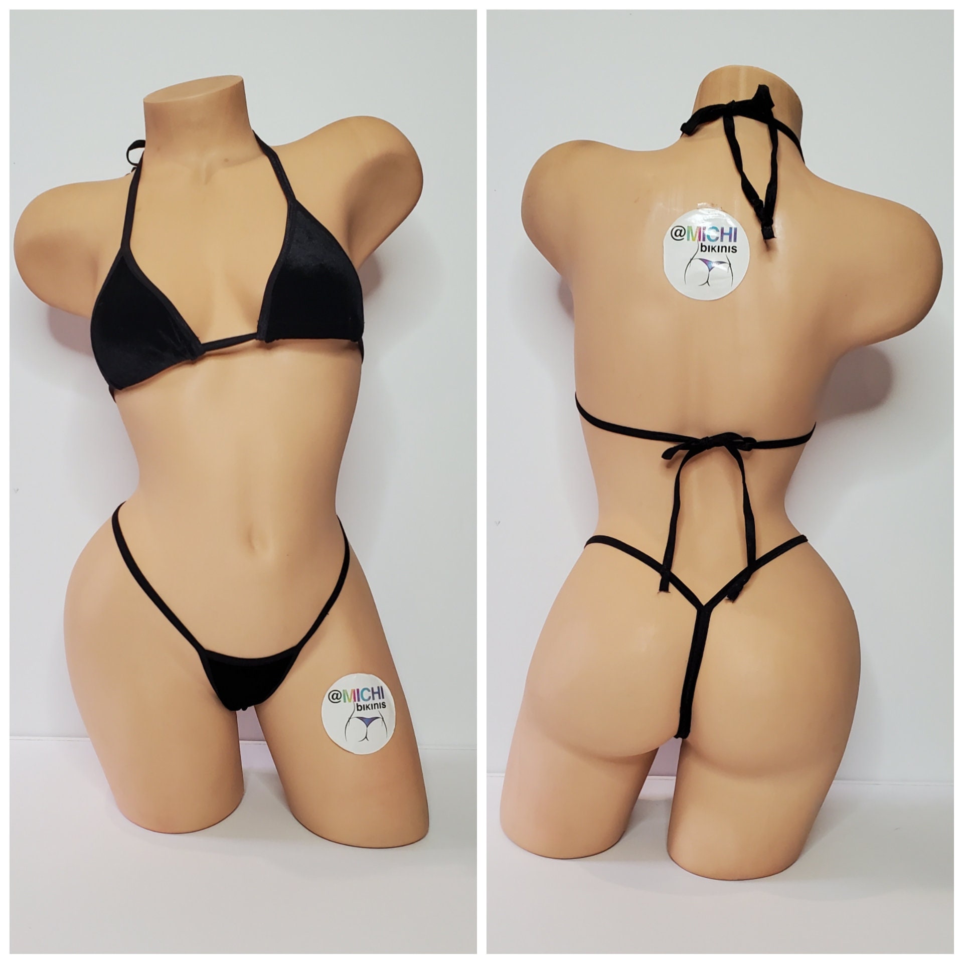 Black Velvet w Black Trim Medium Coverage Top Y Back Thong Bottom 2 Piece Micro Bikini Set