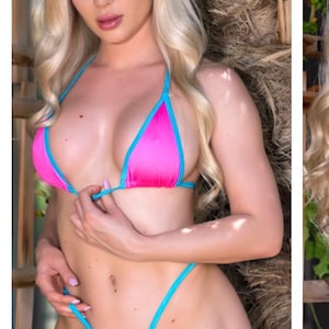 ネオンホットピンク、お好みのトリムカラー、ミディアムカバートップ、YバックTバックボトムビキニセット