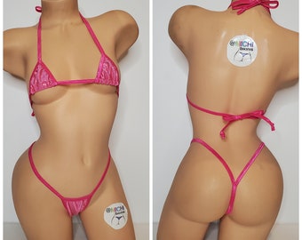 Shattered Holographic Carnation Pink with Hot Pink Trim Micro Coverage Top Y Back Thong 2 Piece Micro Bikini Set