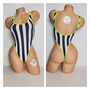 Black and White Vertical Stripes with Neon Green Trim 1 Piece Bodysuit Size SMALL