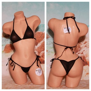 Black Mesh *Semi Sheer* with Black Trim Medium Coverage Top Scrunch Butt String Bikini Set One Size