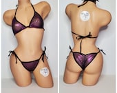 Black w Purple Shimmer Mesh VERY SHEER with Black Trim Full Coverage Top Scrunch Butt Bottom 2 Piece String Bikini Set One Size