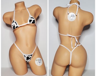 Black and White Cow Print w Your Choice Trim Color Micro Coverage Top Y Back Thong Bottom Bikini Set