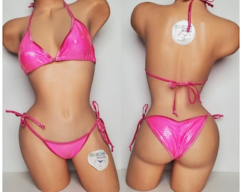 Hot Pink Holographic Snake Skin Pattern w Hot Pink Trim Full Coverage Top Scrunch Butt 2 Piece Micro String Bikini Set 1 Size