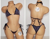 Glittery Navy w Rhinestone Details w Navy Trim Medium Coverage Top Scrunch Butt 2 Piece Micro String Bikini Set One Size