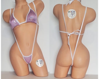 Viola malva olografico con finiture bianche, copertura media, parte superiore, parte superiore, perizoma, fondo a fionda, set micro bikini da 2 pezzi