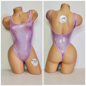ホログラフィックラベンダー、お好みのトリムカラー、ボディスーツ 1 ピース、サイズ SMALL