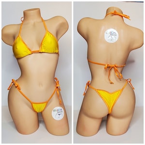 Yellow with Orange Trim Medium Coverage Top Scrunch Butt Bottom 2 Piece Micro String Bikini Set One Size