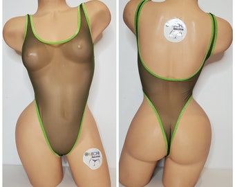 Malla Verde Bosque con Ribete Verde Lima ***MUY PURA*** 1 Pieza Bodysuit Size PEQUEÑO