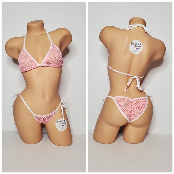 Baby Pink Large Hole Fishnet very Sheerwith White Trim Full Coverage Top Scrunch Butt String Bikini 2 Piece Set One Size Etsy