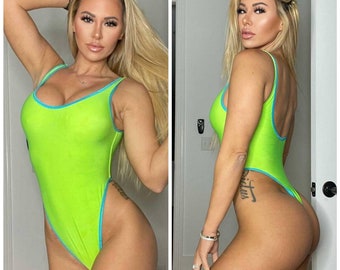 Neongrün mit Ihrer Wahl Trim Farbe Option für individuelles Logo 1-teiliger Bodysuit Größe SMALL