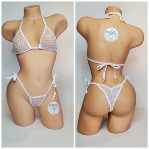 White Mesh w/ Tiny Black Polka Dots ***VERY SHEER*** w/ White Trim Medium Coverage Top Scrunch Butt String Bikini Set One Size