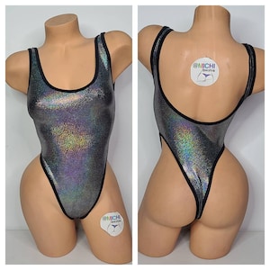 Holographic Silver with Black Trim 1 Piece Bodysuit Size SMALL