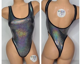 Holographic Silver with Black Trim 1 Piece Bodysuit Size SMALL