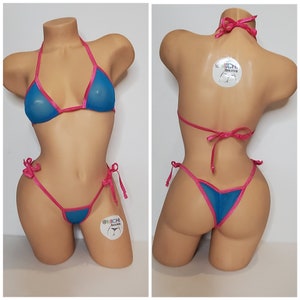 Malha azul brilhante * MUITO TRANSPARENTE * com cor de acabamento de sua escolha Cobertura média Top Scrunch Butt Bottom Conjunto de biquíni de micro cordas de 2 peças Tamanho único