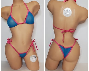 Bright Blue Mesh *VERY SHEER* w/ Your Choice Trim Color Medium Coverage Top Scrunch Butt Bottom 2 Piece Micro String Bikini Set One Size