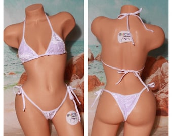 White Crushed Velvet Stretch Fabric w White Trim Medium Coverage Top Scrunch Butt 2 Piece Micro String Bikini Set One Size