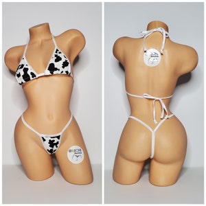 Black and White Cow Print w Your Choice Trim Color Medium Coverage Top Y Back Thong Bottom 2 Piece Bikini Set
