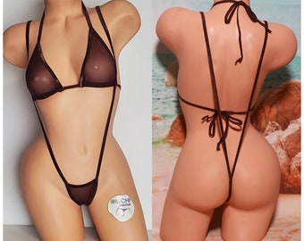 Chocolate Brown Mesh *VERY SHEER* w Brown Trim Medium Coverage Top Y Back Thong Slingshot Bottom 2 Piece Micro Bikini Set