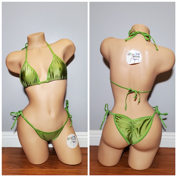 Lime Green with Lime Green Trim Full Coverage Top Full Coverage Scrunch Butt Bottoms 2 Piece Micro String Bikini Set One Size