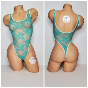 Seafoam Green Lace with Seafoam Green Trim ***VERY SHEER*** 1 Piece Bodysuit Size SMALL