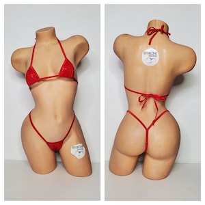 Shimmery Red with Red Trim Micro Coverage Top Y Back Thong Bottom Bikini Set