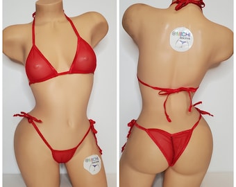 Red Mesh *Semi Sheer* with Red Trim Medium Coverage Top Scrunch Butt String Bikini Set One Size