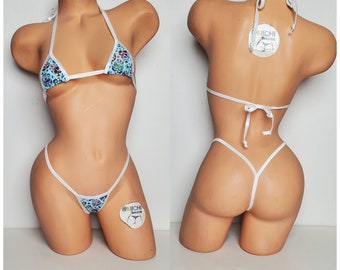 Multicolored Sugar Skulls on Baby Blue w/ White Trim Micro Coverage Top Y Back Thong Bottom 2 Piece Micro Bikini Set