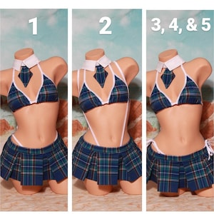 Navy Plaid w/ White Trim Micro Mini Skirt Costume Full Coverage Top Pleated Skirt 5 Piece Set