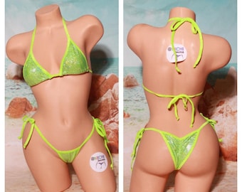 Shattered Holographic Neon Green w Neon Green Trim Medium Coverage Top Scrunch Butt 2 Piece Micro String Bikini Set One Size